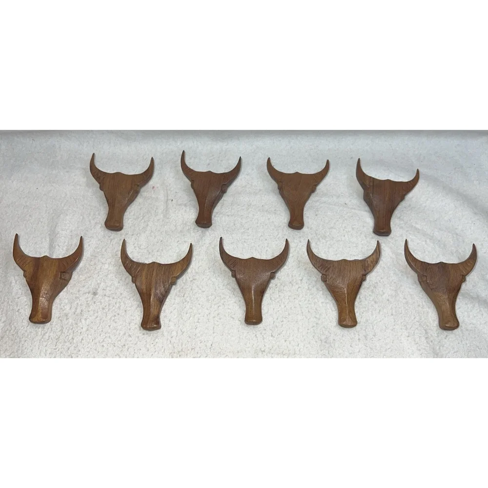 Vintage Hand Carved Wood Bull Steer Head Napkin Rings Western Set of 9 Brown